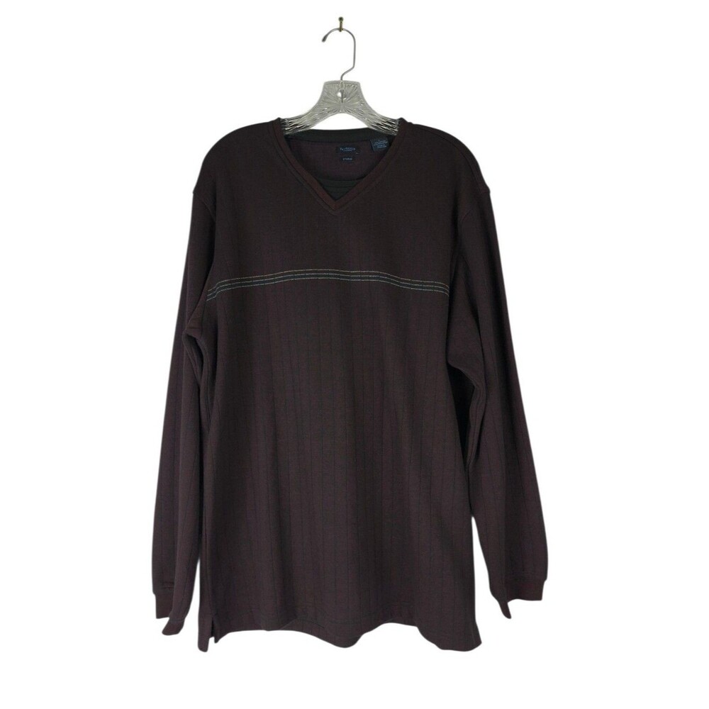 Van Heusen Sweater Men's L Burgundy V Neck Long Sleeve Ribbed Stripe Pullover